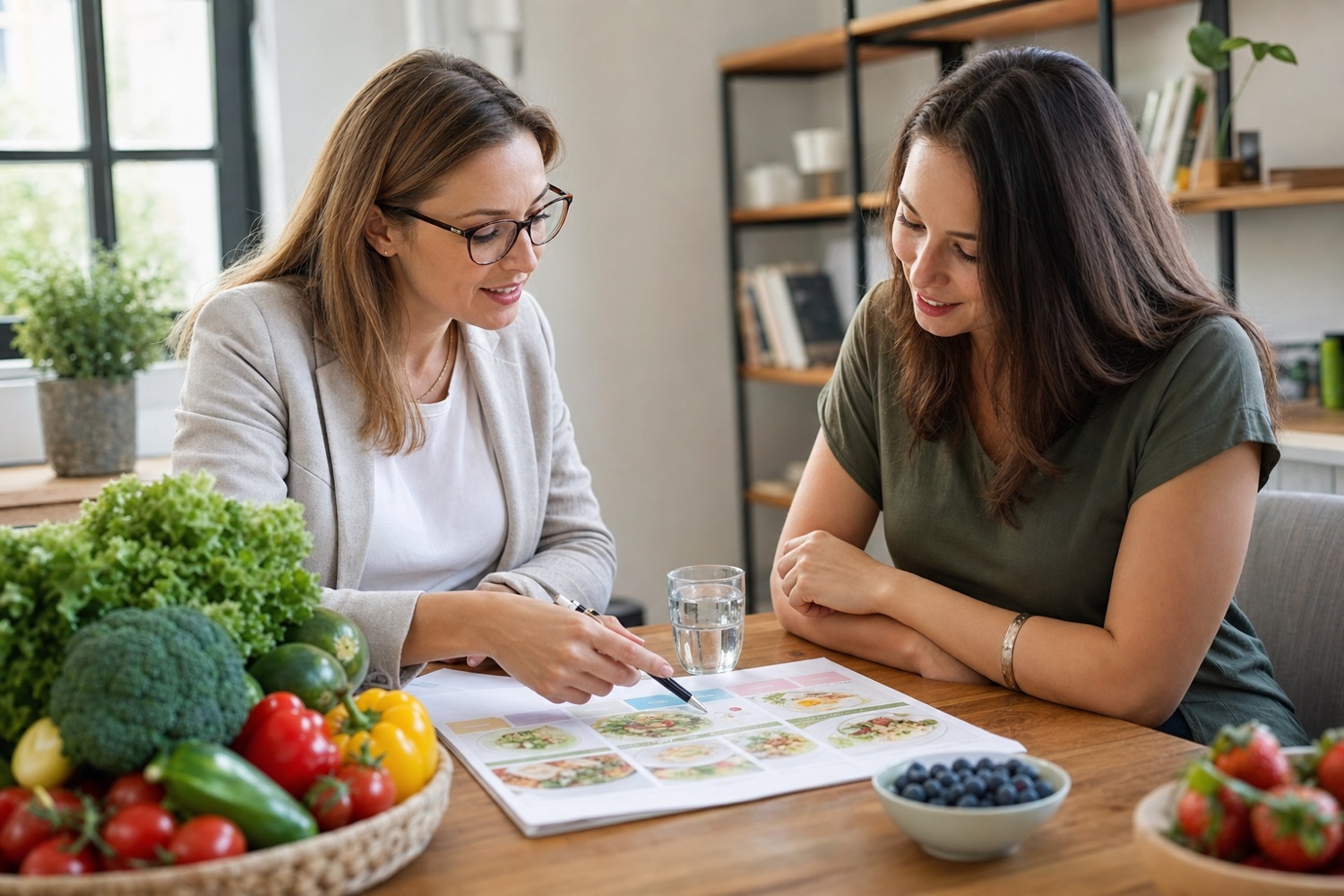 Nora Weiss bespricht mit einer Klientin den Wochenplan, frisches Gemüse und Beeren auf dem Tisch