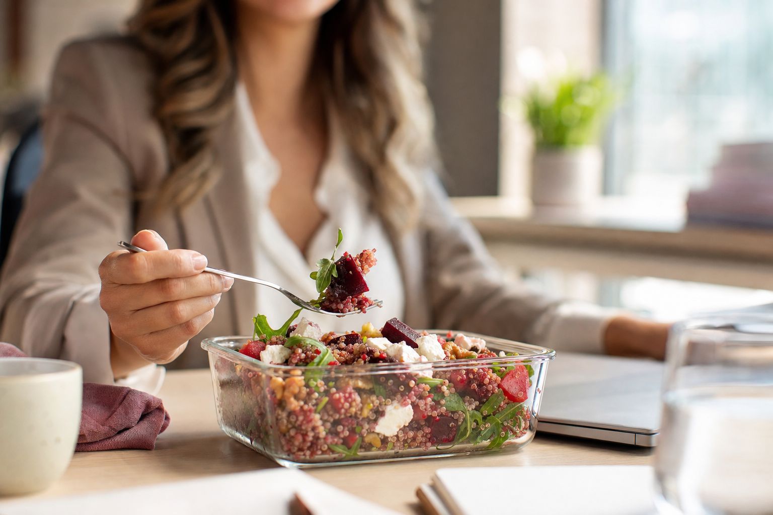 Vorbereitete Lunchbox mit Quinoasalat am Büro-Schreibtisch