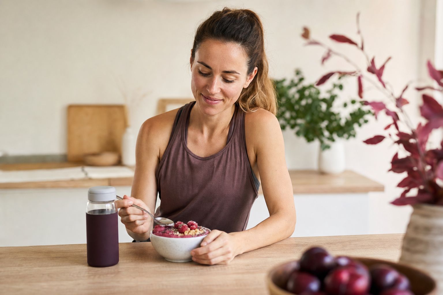 Sportlerin isst Beeren-Joghurt-Bowl nach dem Lauf