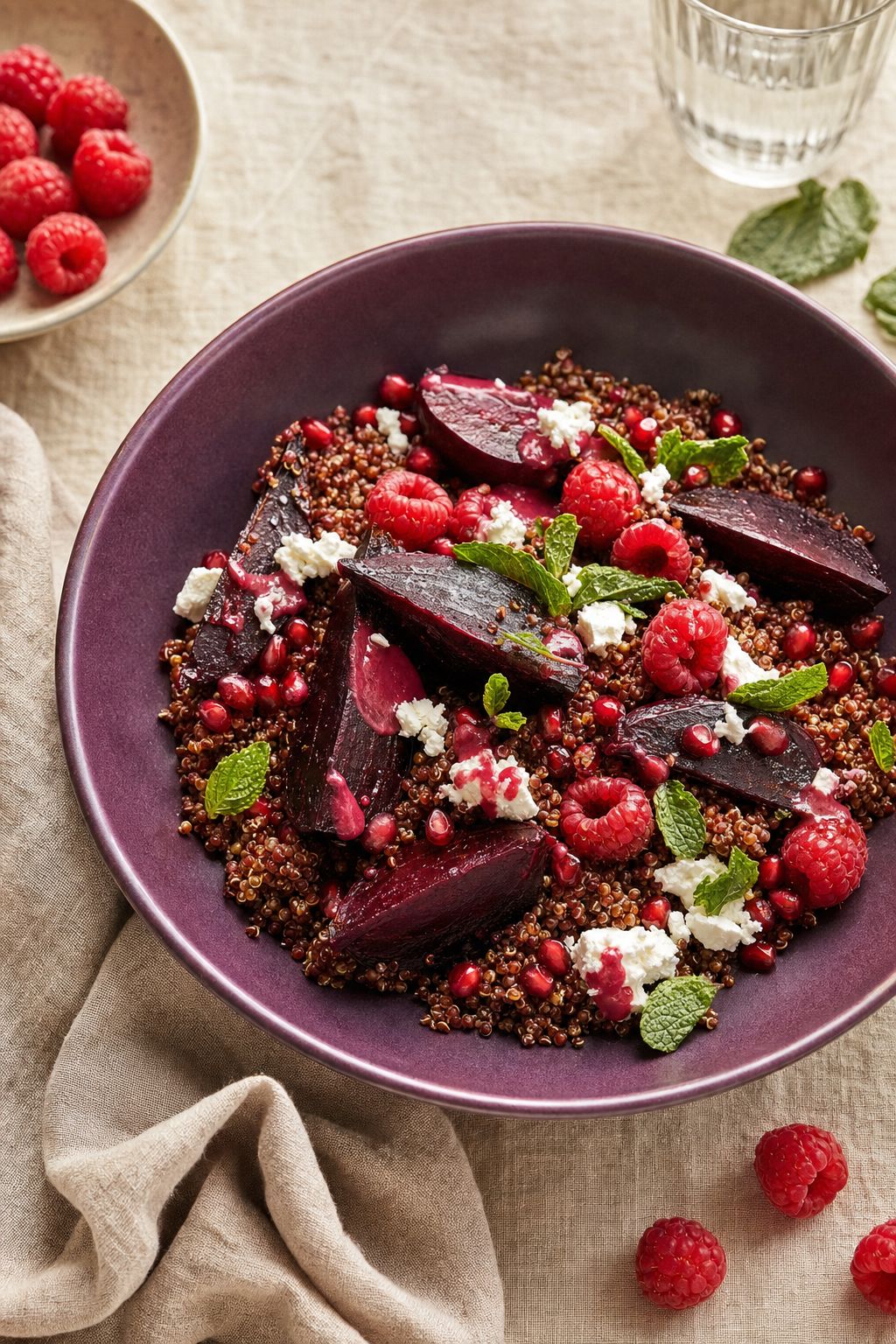 Bunte Nourish-Bowl mit Roter Bete, Quinoa und Himbeeren auf Creme-Leinen