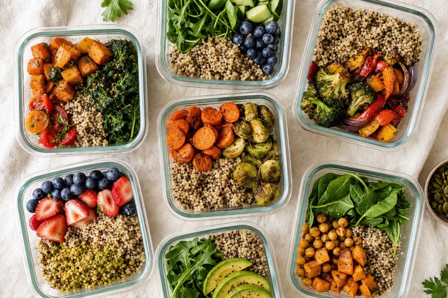 Bunte Meal-Prep-Boxen mit Quinoa, Ofengemüse, Beeren und Blattgrün von oben