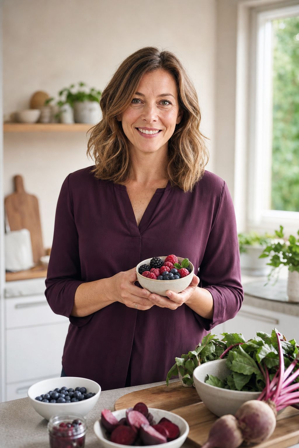 Nora Weiss, Ernährungsberaterin in München-Schwabing, mit einer Schale frischer Beeren