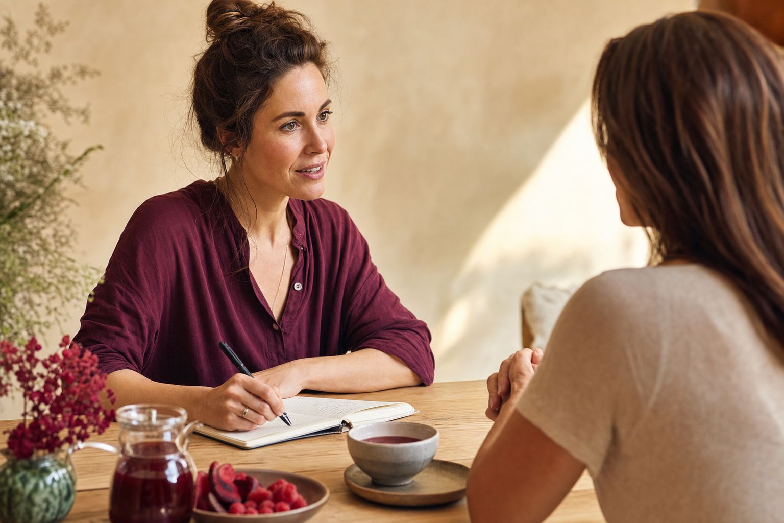 Coaching-Gespräch am Holztisch mit Notizbuch und Beeren-Tee