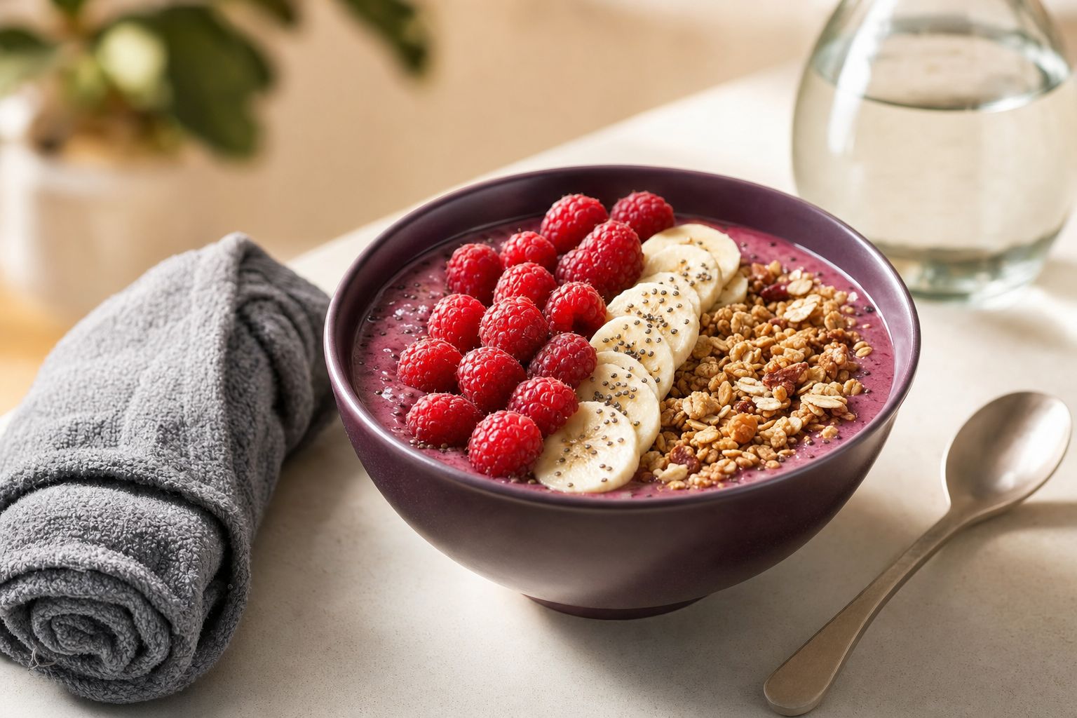 Smoothie-Bowl mit Himbeeren neben Sporthandtuch und Wasserflasche