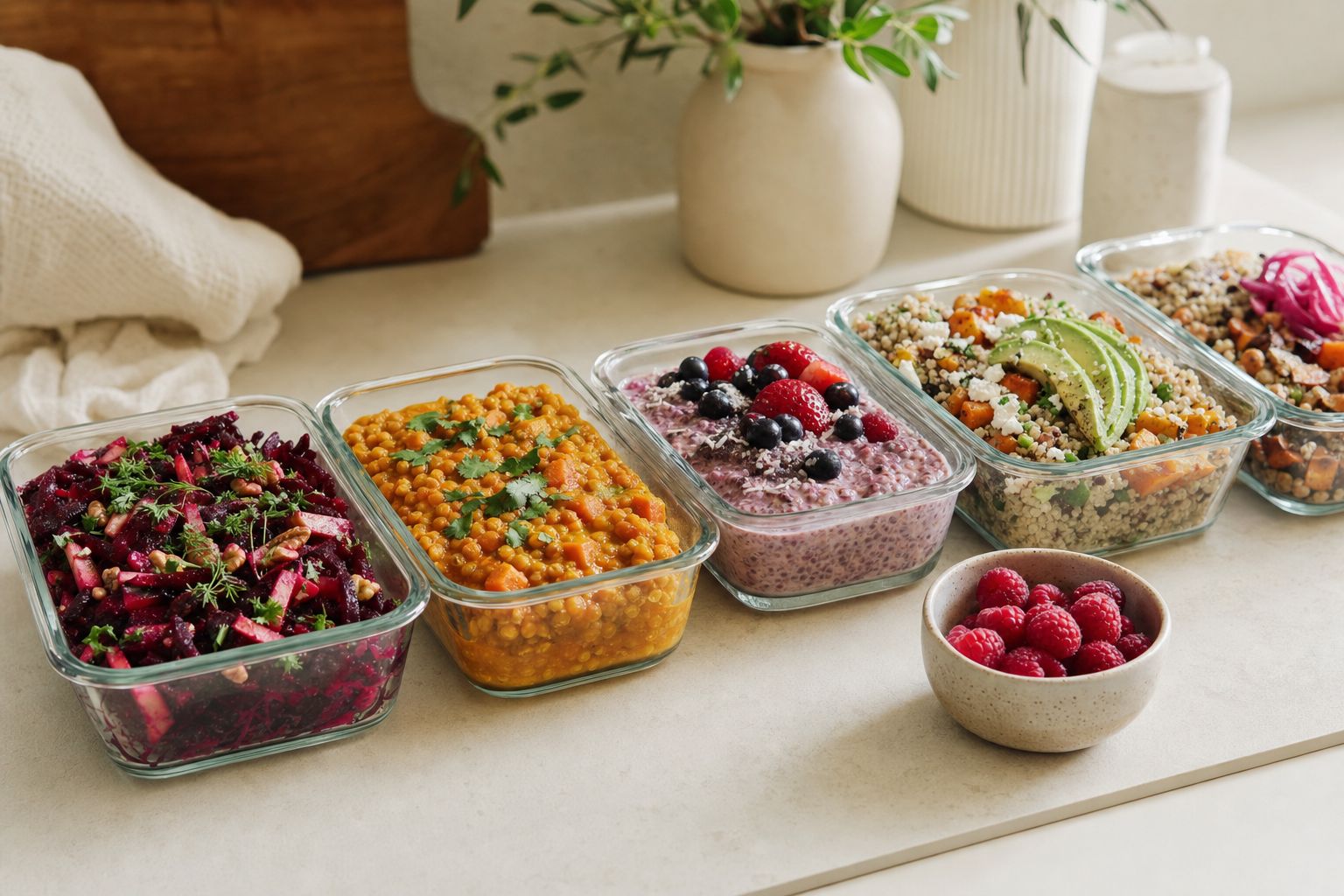 Glas-Meal-Prep-Boxen mit bunten vorbereiteten Mahlzeiten