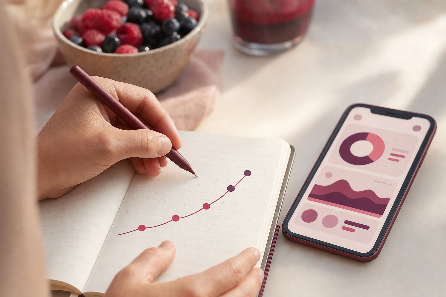 Hand zeichnet Fortschrittskurve in ein Journal neben Smartphone