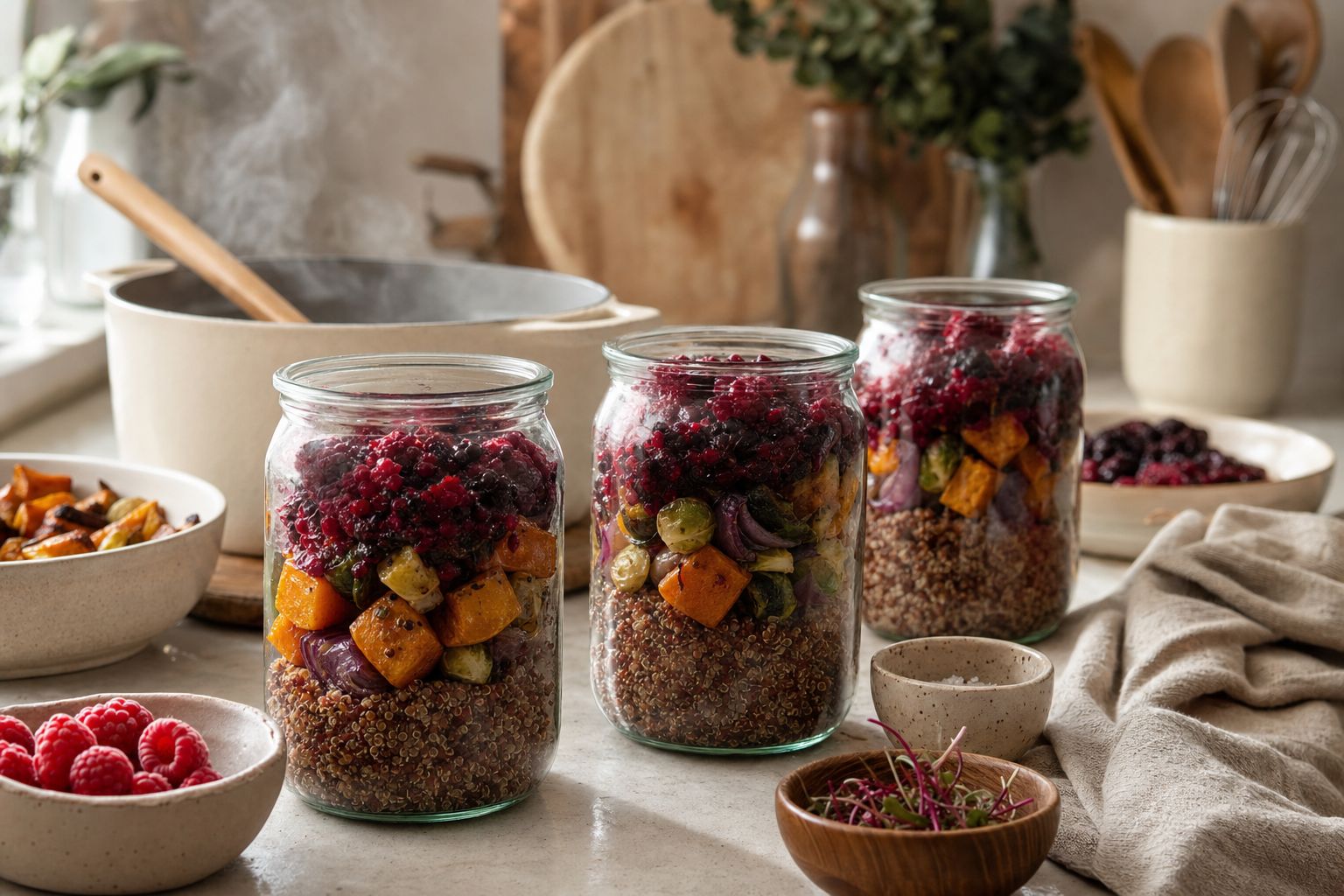 Vorratsgläser mit Quinoa, geröstetem Gemüse und Beerenkompott