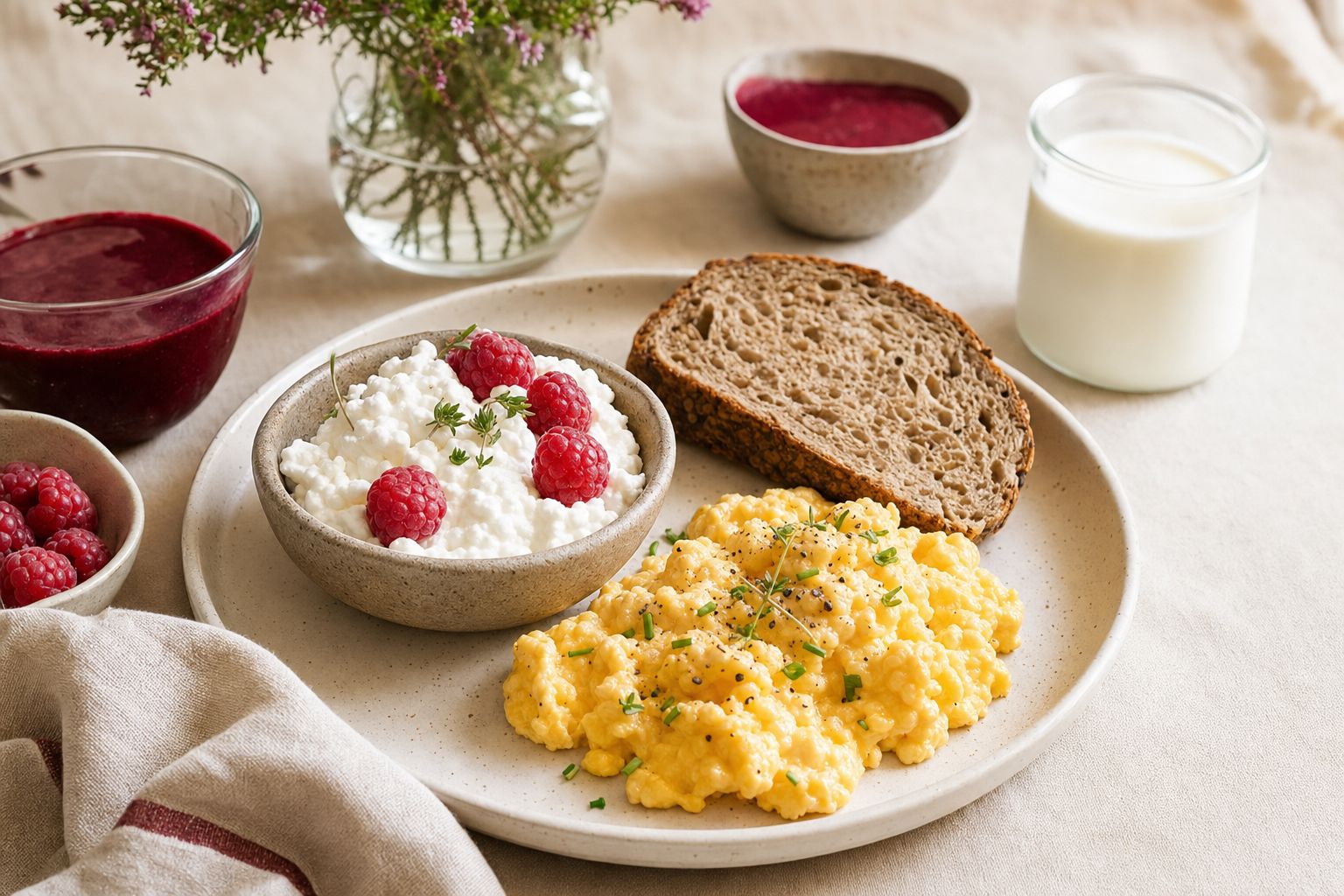 Proteinreiches Frühstück mit Eiern, Vollkornbrot und Himbeer-Hüttenkäse