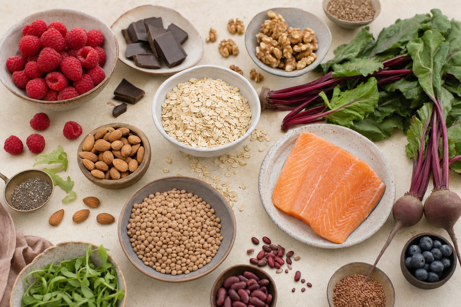 Bunte Zutatenvielfalt von Beeren über Lachs bis Linsen auf Creme-Grund