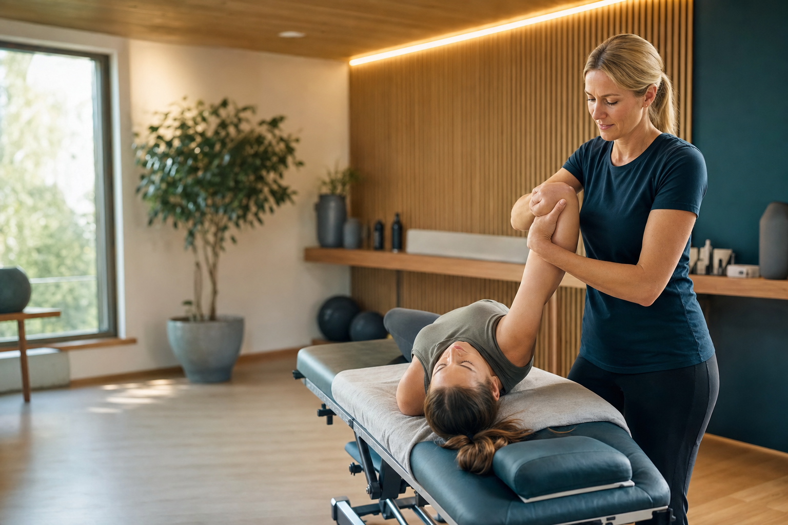 Physiotherapeutin mobilisiert die Schulter einer Patientin im hellen Behandlungsraum