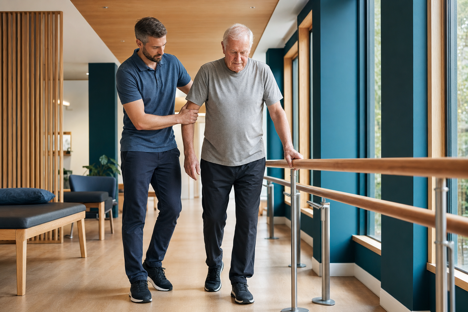 Gangtraining am Handlauf mit therapeutischer Begleitung