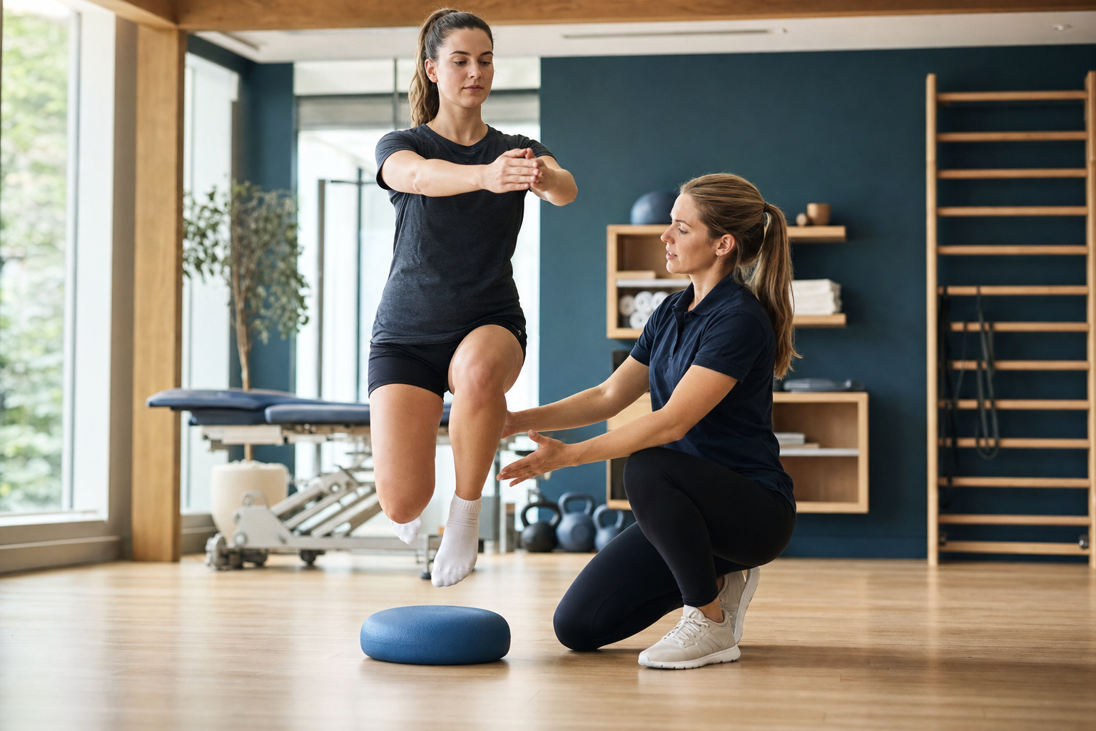 Sportphysiotherapeut begleitet eine Stabilisationsübung auf dem Balance-Pad