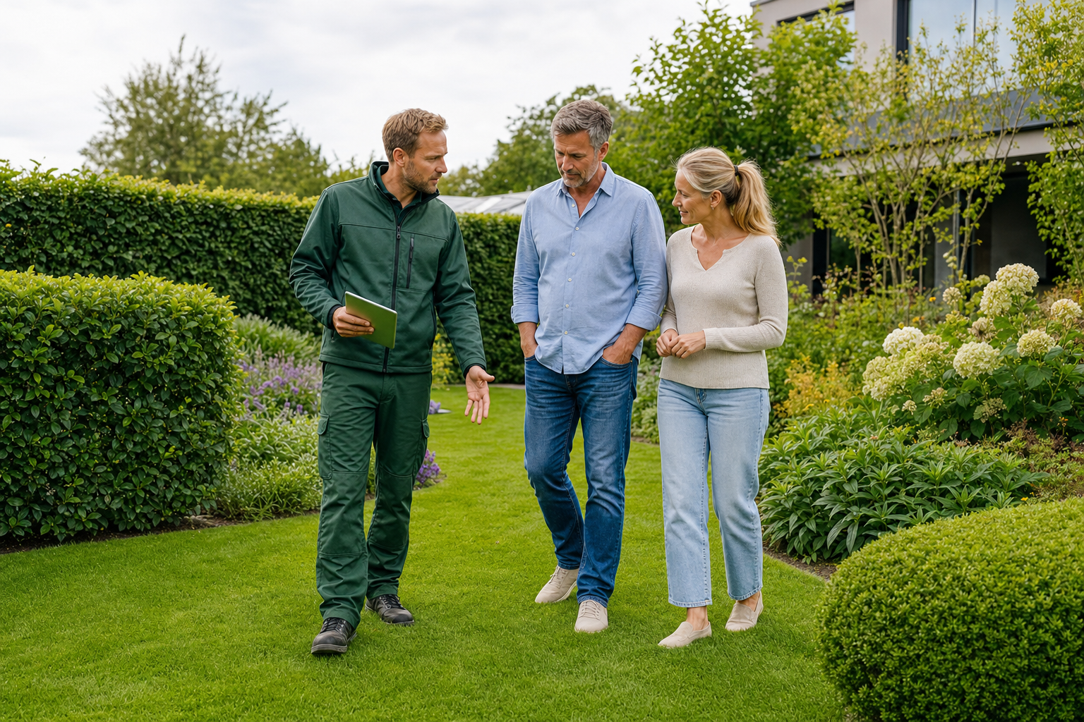 Begehung im Garten: Berater von Rütten Gartentechnik im Gespräch mit einem Ehepaar auf dem Rasen