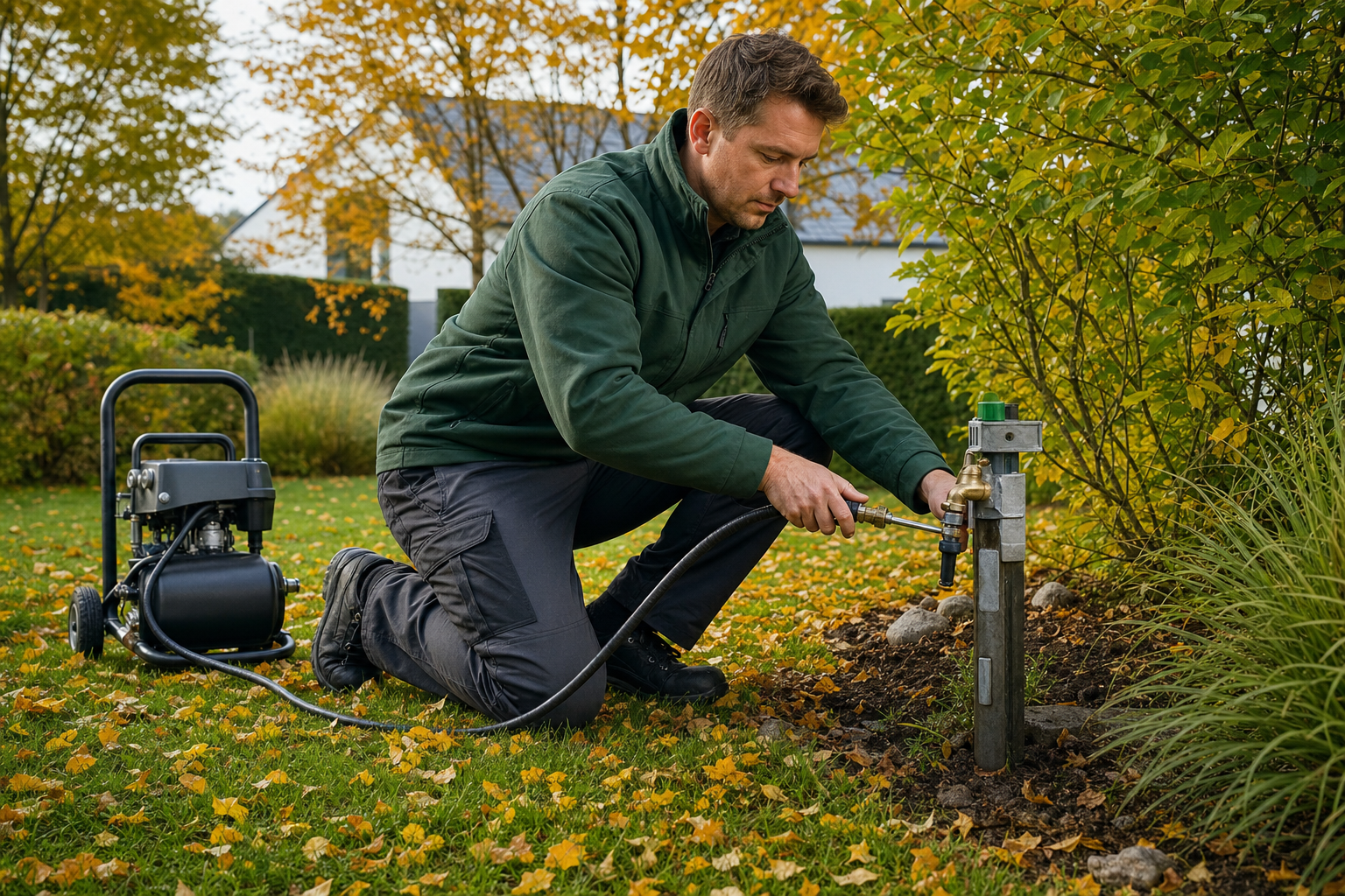 Servicetechniker macht eine Bewässerungsanlage im Herbst mit Druckluft winterfest