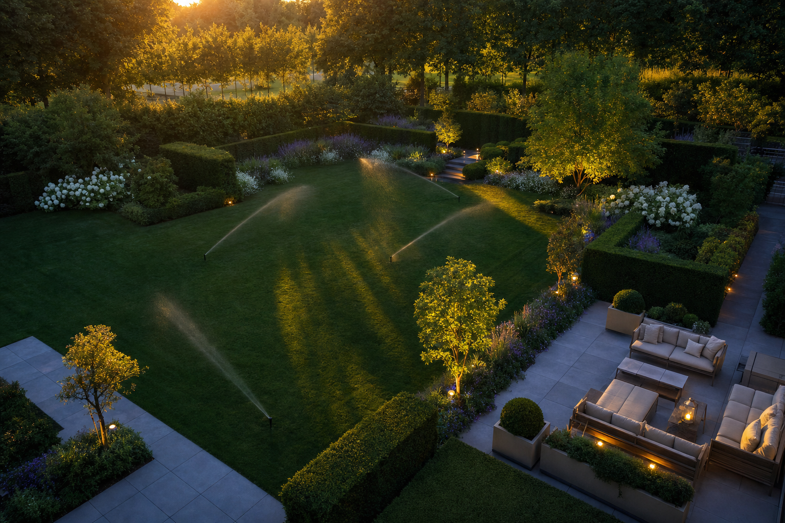 Luftaufnahme eines Premium-Gartens in der Abenddämmerung: Versenkregner laufen, Gartenbeleuchtung glüht