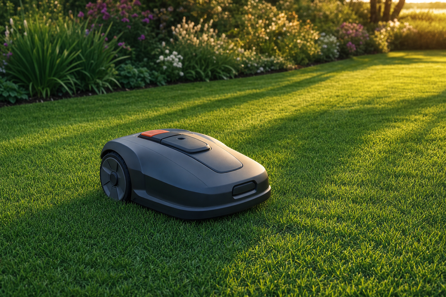 Mähroboter fährt im Abendlicht über einen gepflegten Rasen