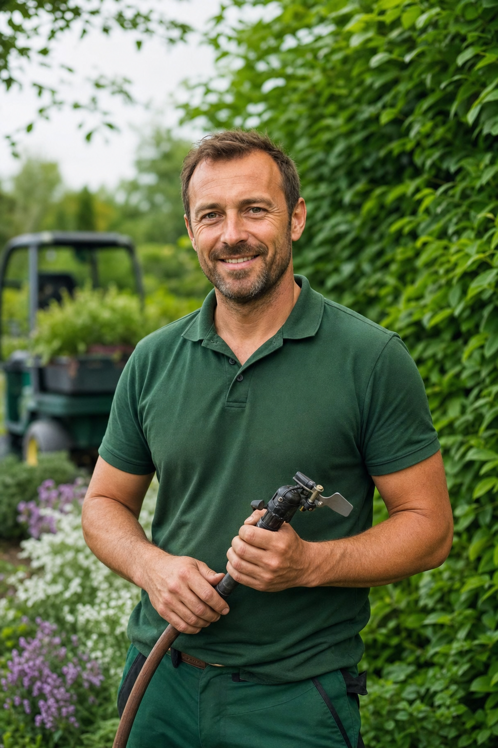 Jan Rütten, Gründer und Landschaftsgärtnermeister, im Garten eines Kundenprojekts