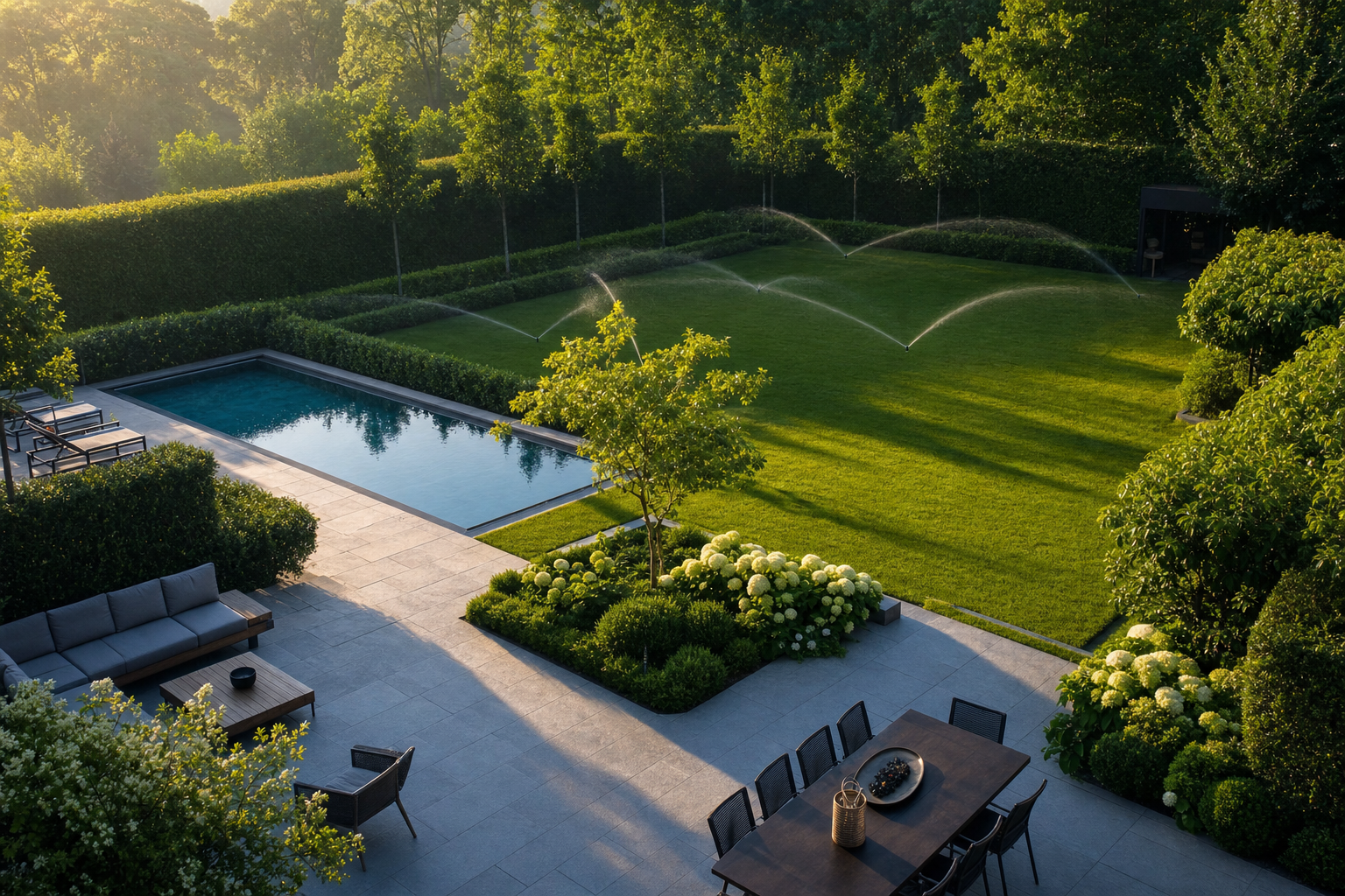 Luftaufnahme: moderner Pool-Garten mit laufender Bewässerung in Meerbusch