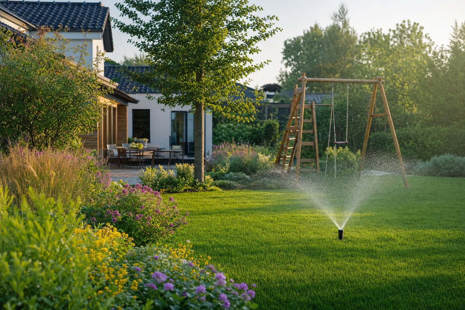Familiengarten mit großer Rasenfläche und Beeten in Düsseldorf-Wittlaer