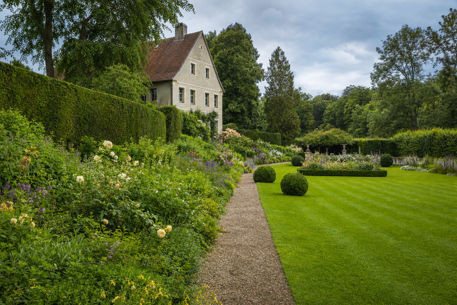 Landhausgarten mit Hecken und Staudenbeeten am Niederrhein