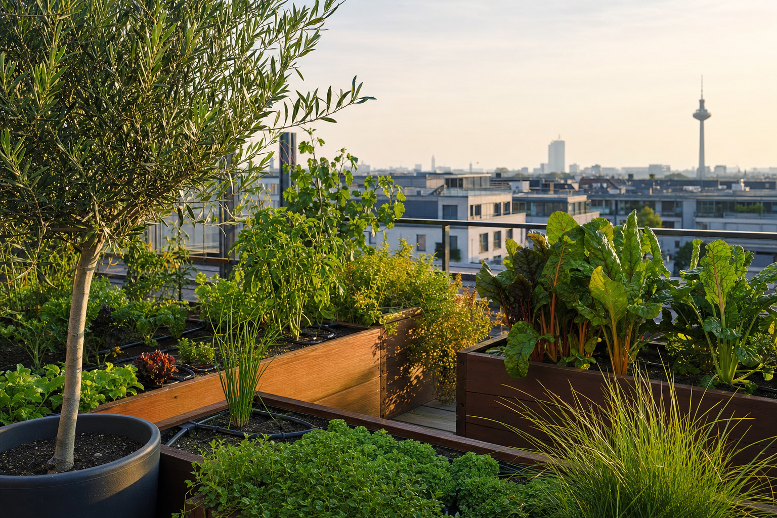 Dachterrasse mit bepflanzten Hochbeeten und Tropfbewässerung über Düsseldorf