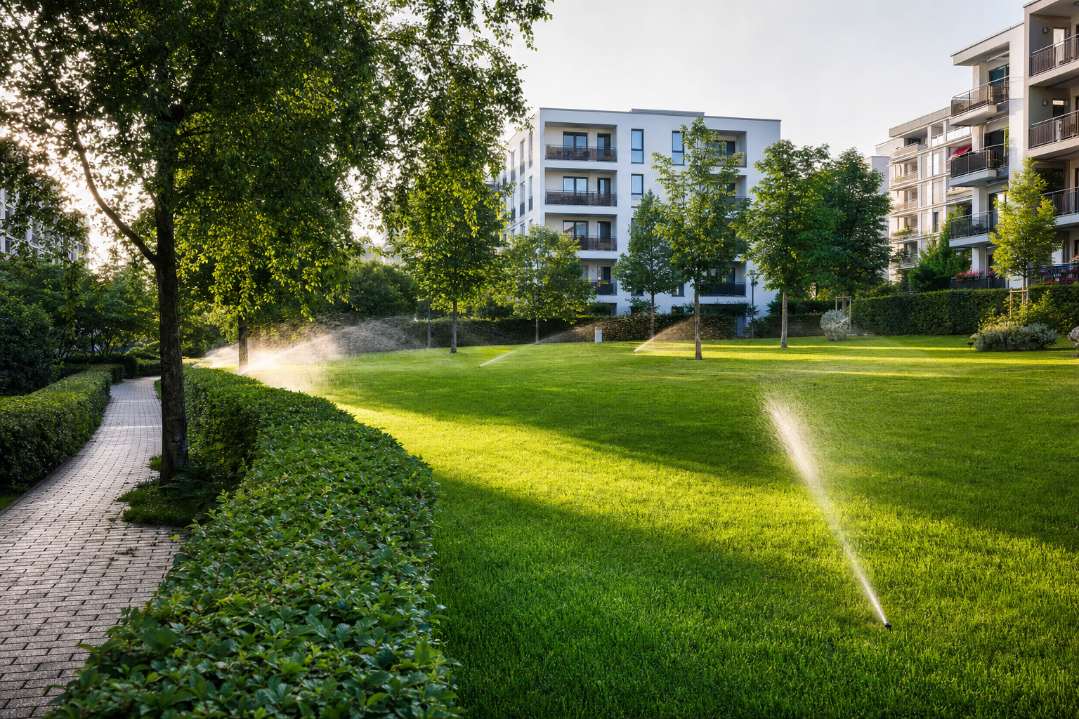 Gepflegte Wohnanlage mit laufenden Rasensprengern am Morgen