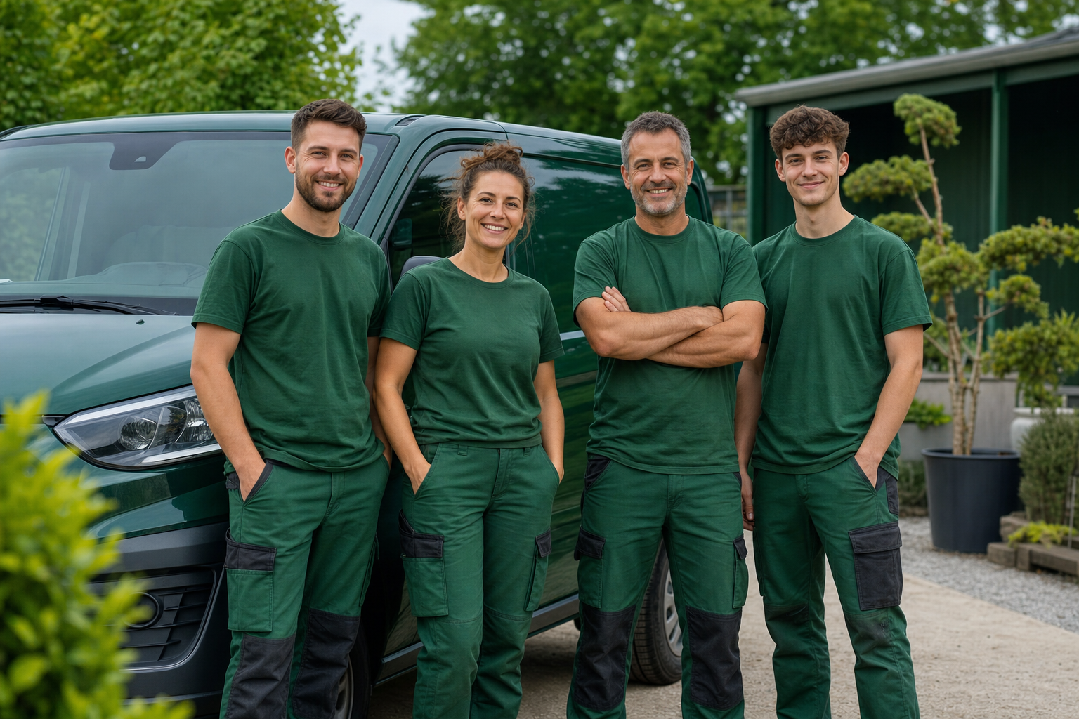 Das vierköpfige Team von Rütten Gartentechnik vor dem Firmenwagen