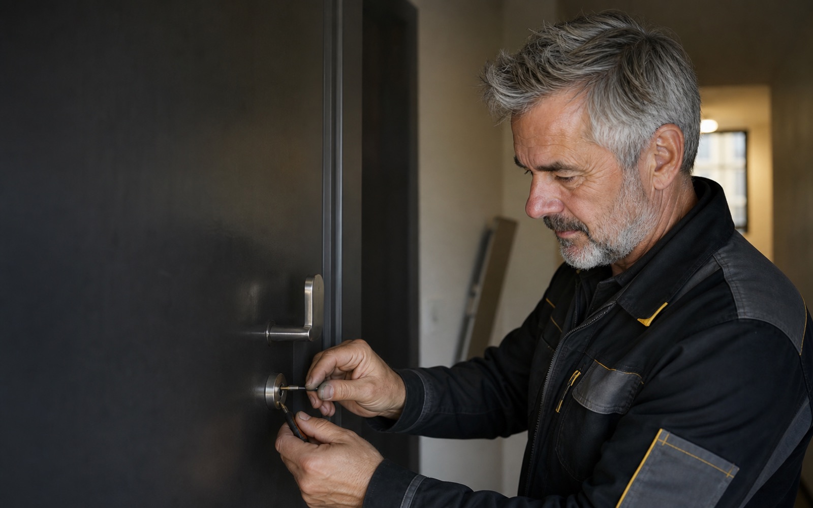 Techniker von Schlüssel Helden öffnet eine dunkle Wohnungstür schadensarm am Zylinder