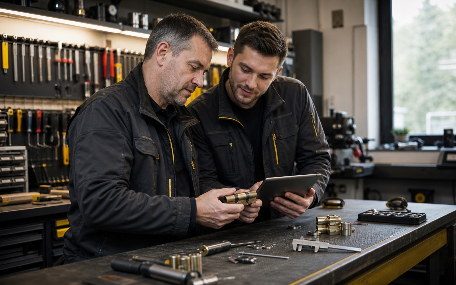 Martin Adler und Andreas Koch begutachten Profilzylinder in der Werkstatt in der Torstraße