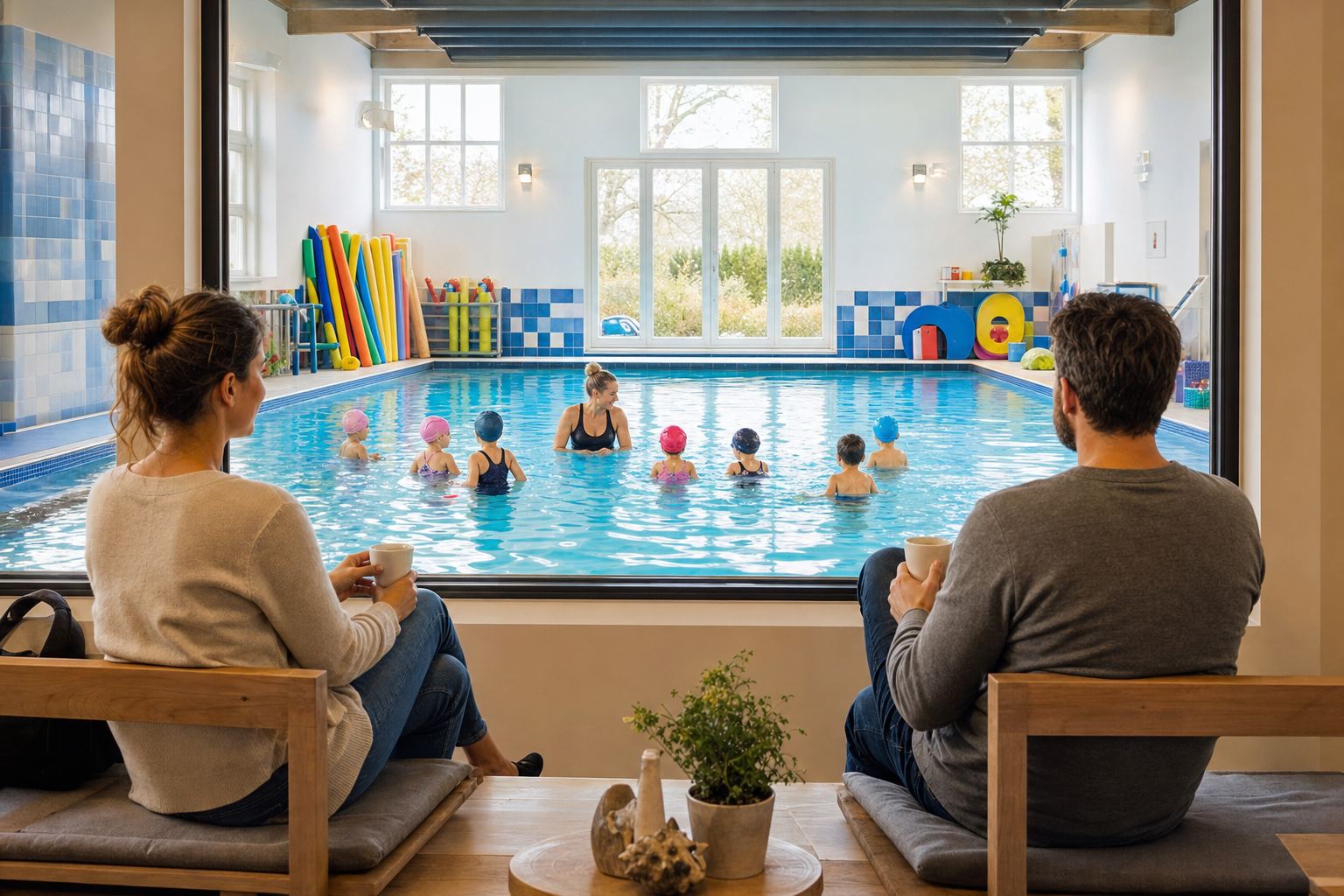 Eltern beobachten den Schwimmkurs entspannt durch das Fenster des Wartebereichs