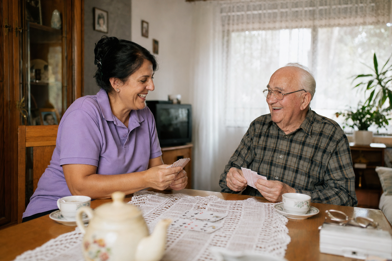Betreuungskraft spielt mit einem älteren Herrn lachend Karten am Esstisch
