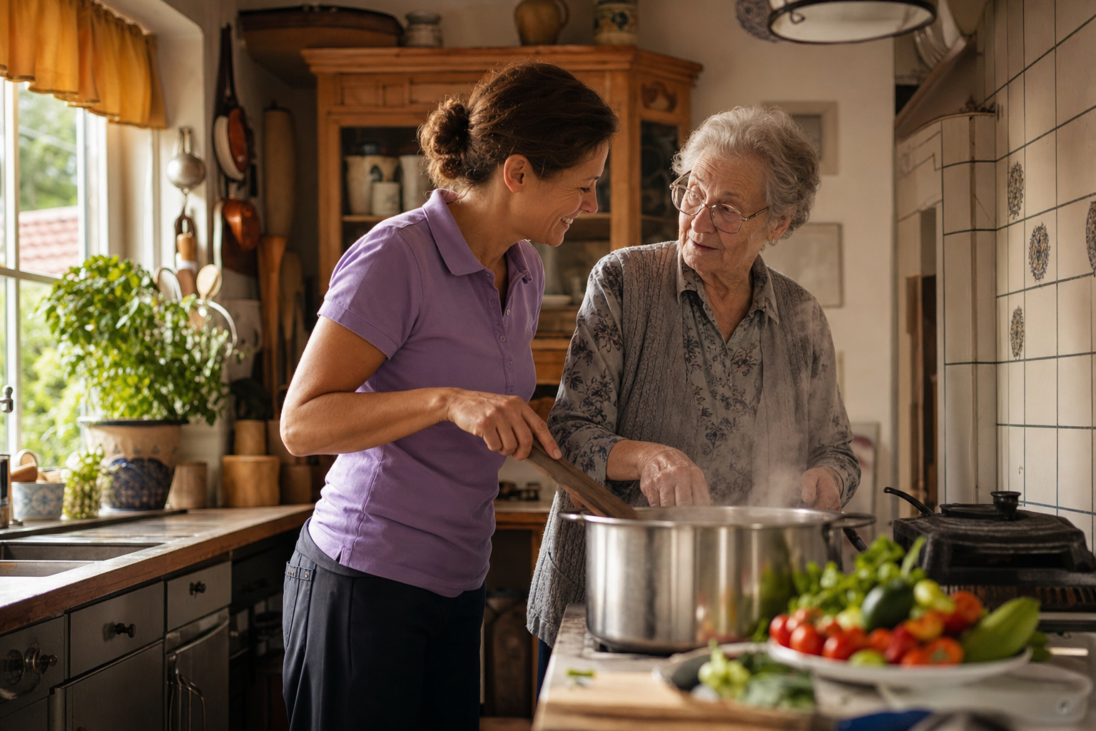 Betreuungskraft kocht gemeinsam mit einer Seniorin in deren Küche