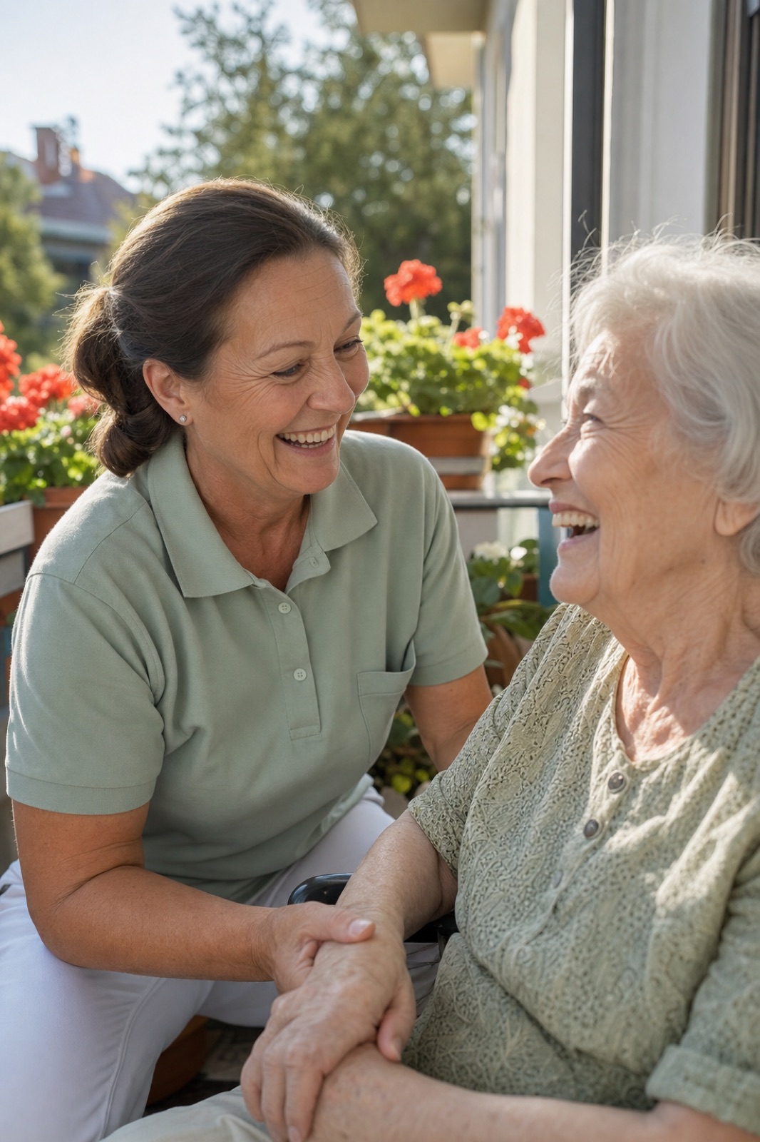 Pflegerin und Seniorin lachen gemeinsam auf einem sonnigen Balkon mit Geranien