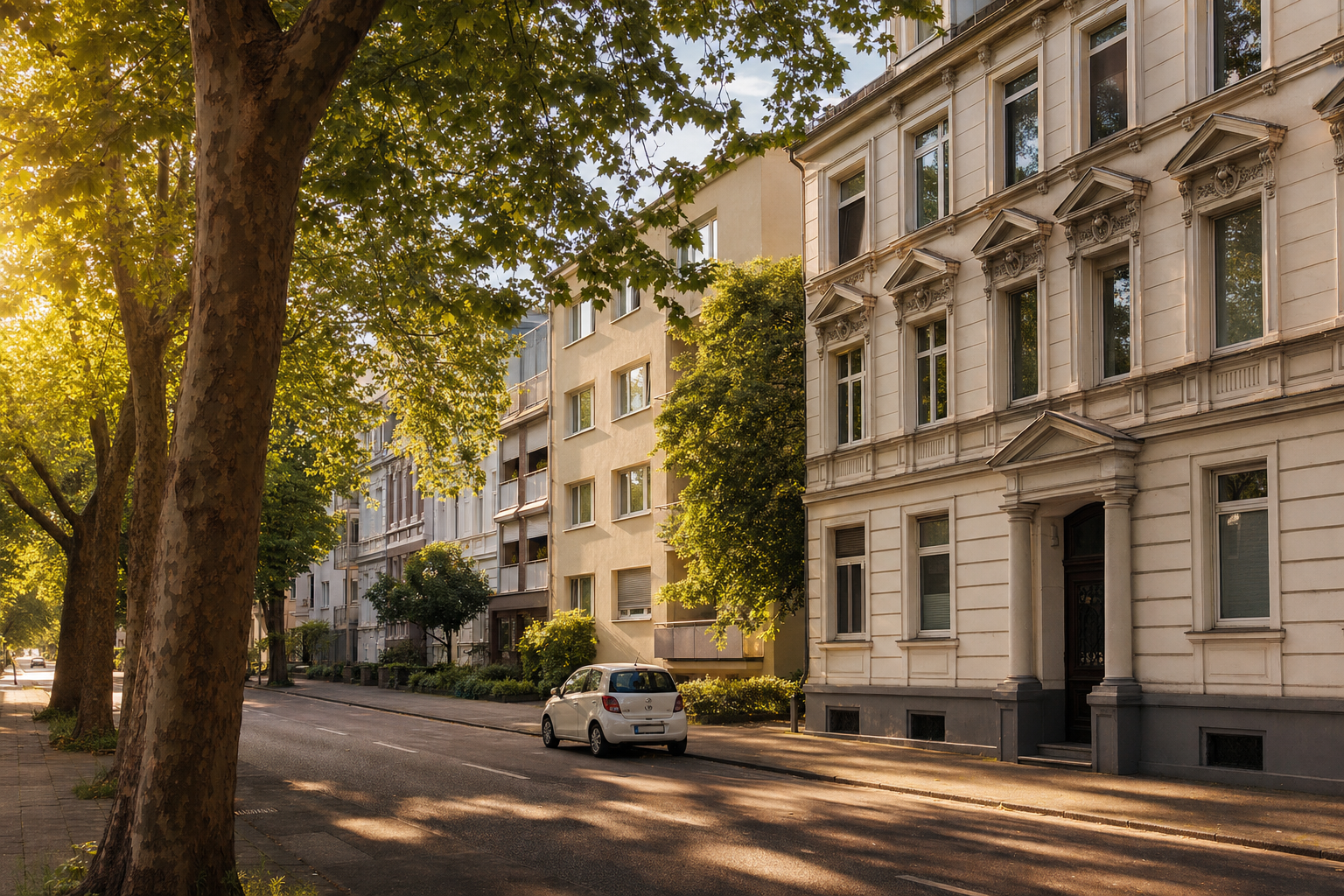 Ruhige Wohnstraße in Bonn-Kessenich mit alten Kastanien im Morgenlicht