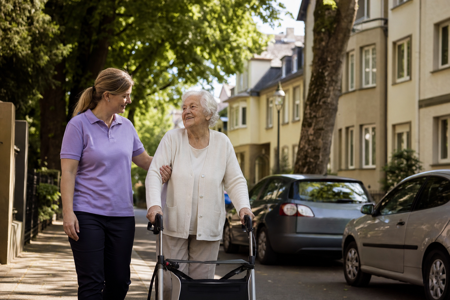Pflegerin geht mit einer älteren Dame mit Rollator eine ruhige Bonner Wohnstraße entlang