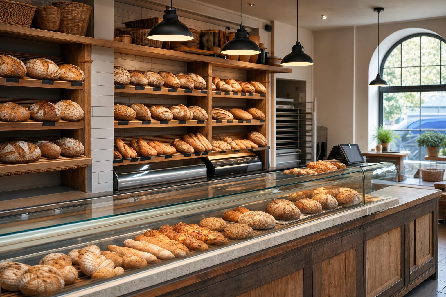 Verkaufsraum einer Kölner Bäckerei mit Brotregalen und Auslage