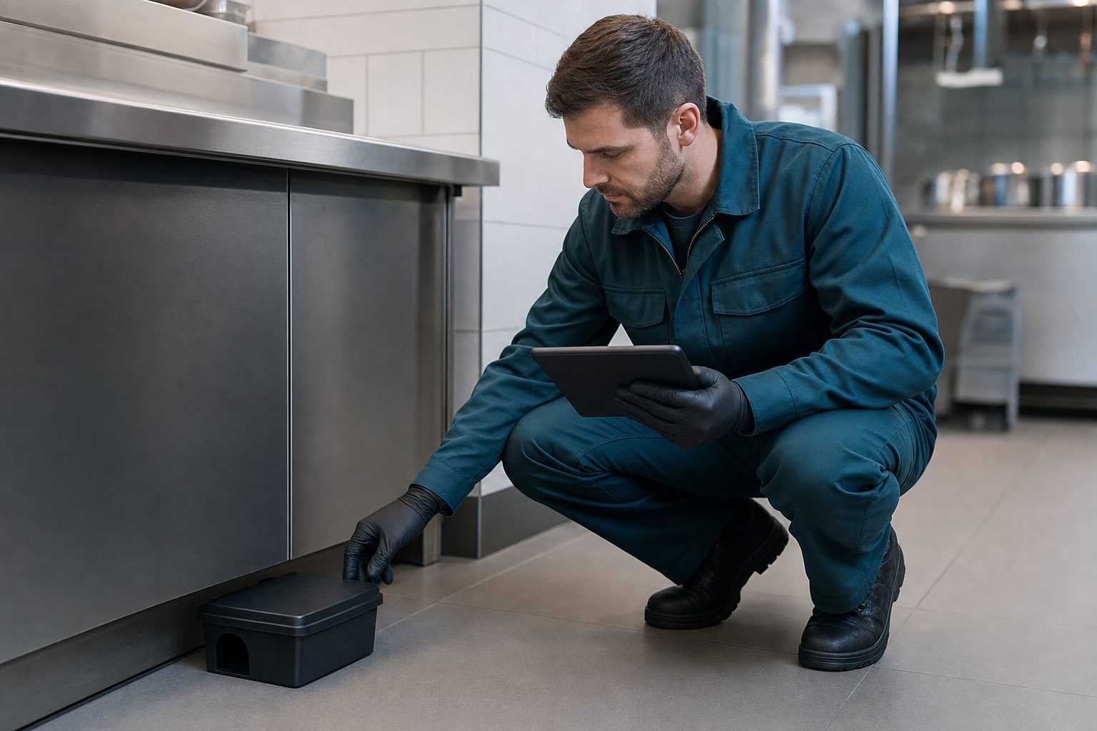 Techniker kontrolliert eine Köderstation unter der Edelstahlzeile einer Großküche
