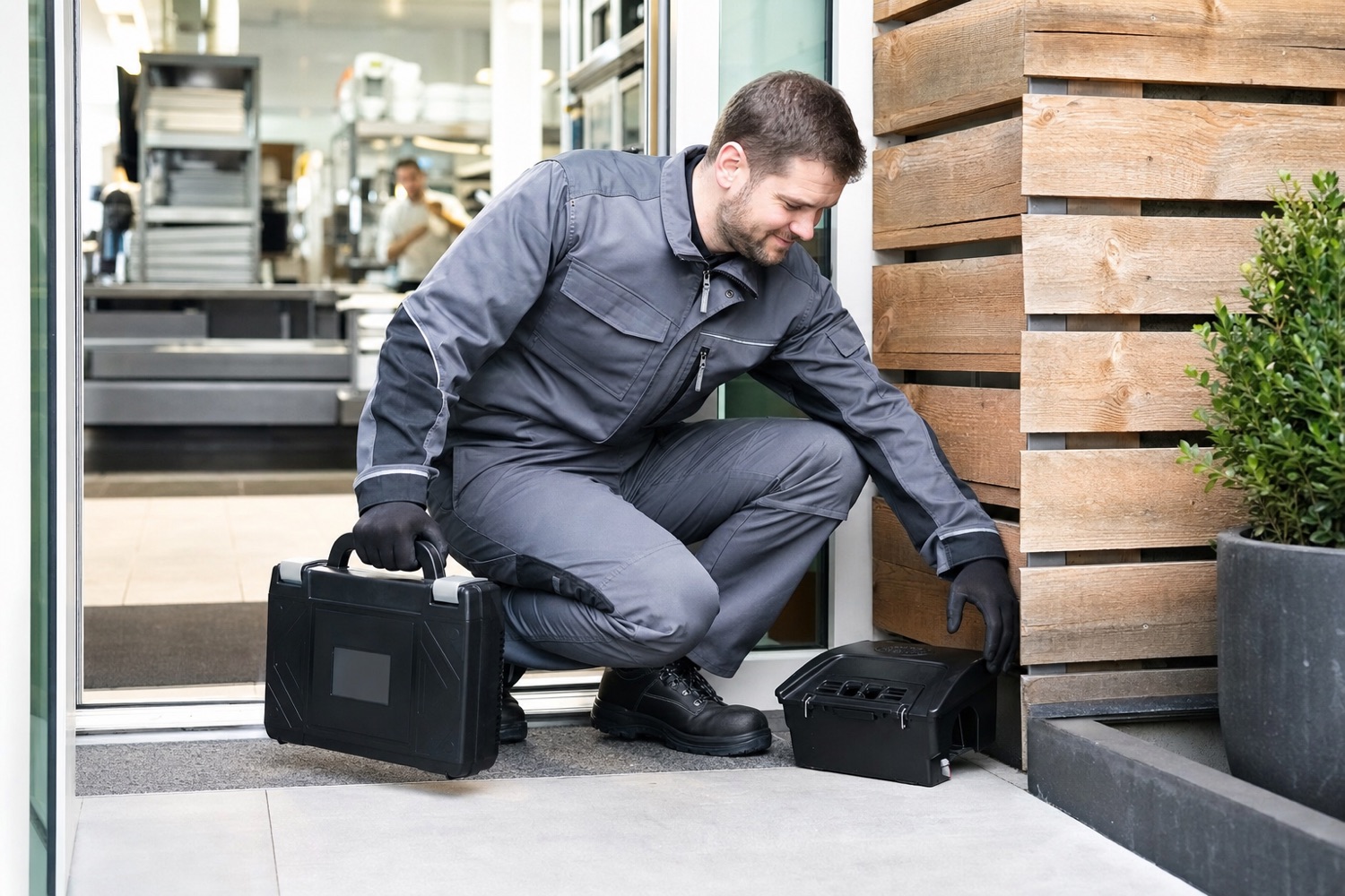 Freundlicher Severin-Techniker kontrolliert eine Köderstation am Kücheneingang eines Kölner Restaurants