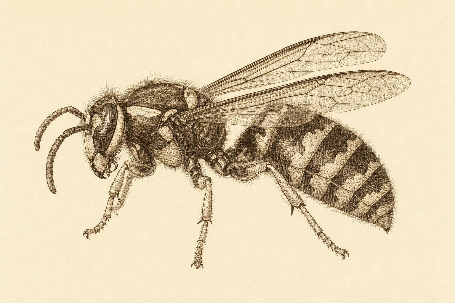 Naturkundliche Strichzeichnung einer Deutschen Wespe (Vespula germanica), Seitenansicht