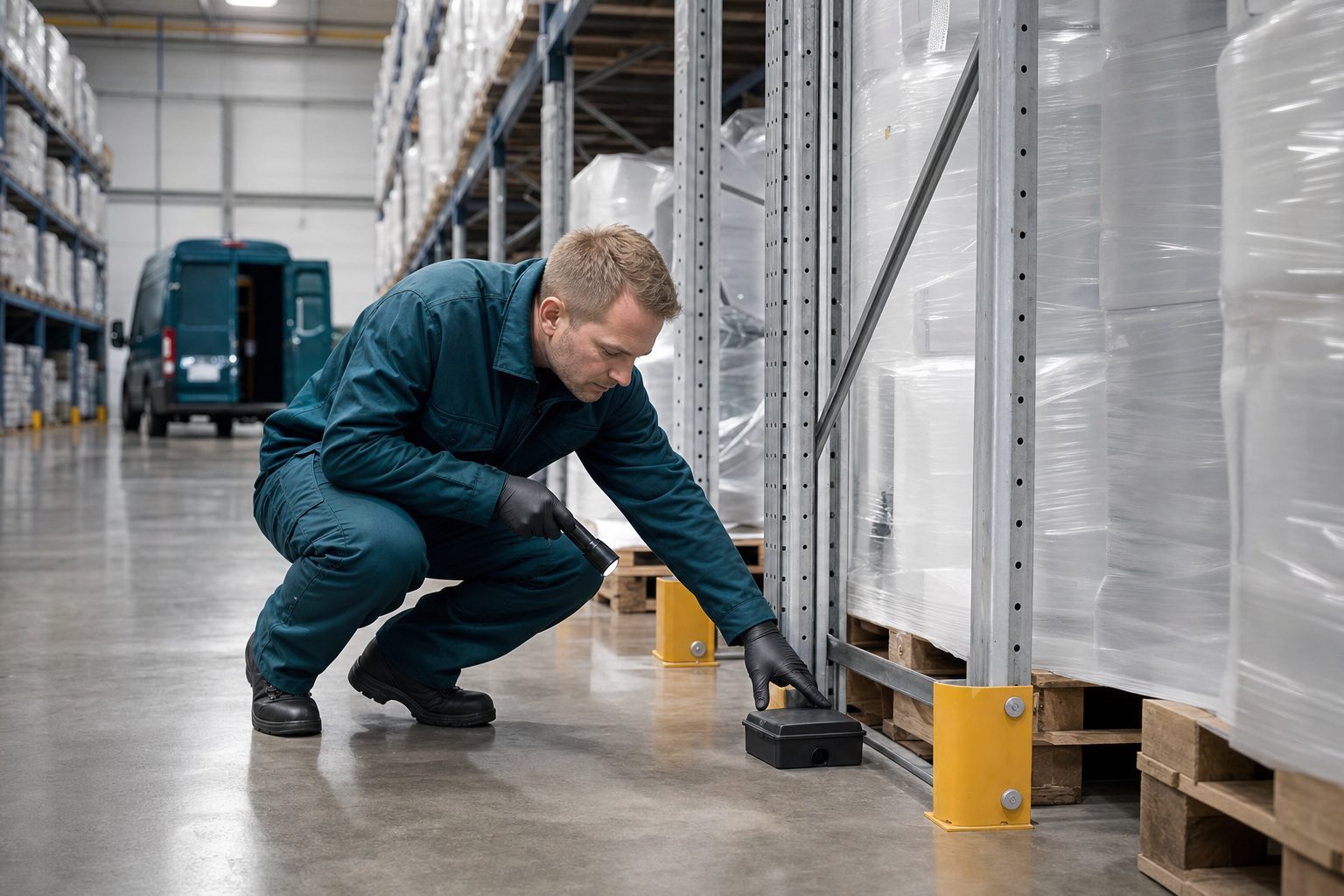 Techniker prüft eine Köderstation zwischen Palettenregalen eines Logistiklagers