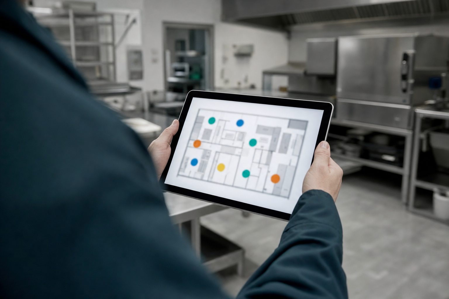 Techniker prüft den digitalen Checkpoint-Plan eines Gastronomiebetriebs auf dem Tablet