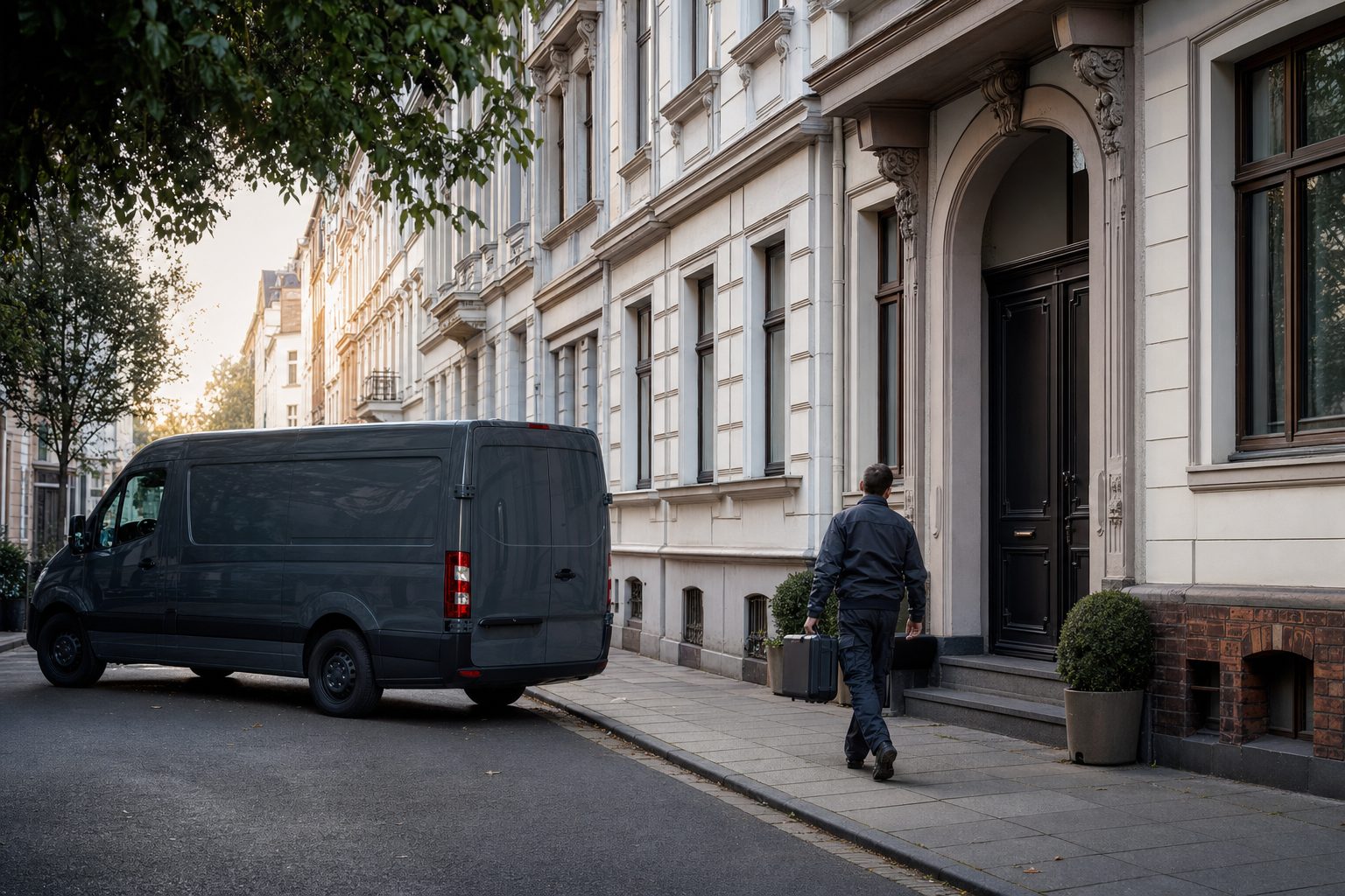 Neutraler, unbeschrifteter Transporter vor einer Kölner Altbaufassade am frühen Morgen, ein Techniker geht zur Haustür
