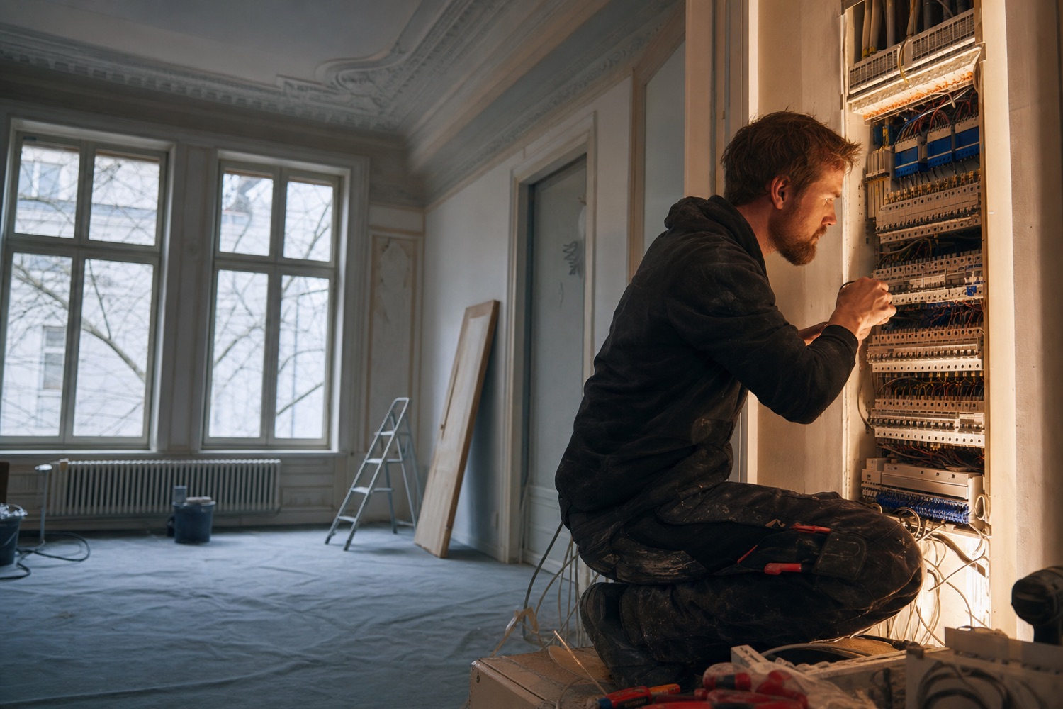 Elektriker von Stromwerk Hansen installiert einen modernen Verteilerschrank in einer Hamburger Altbauwohnung