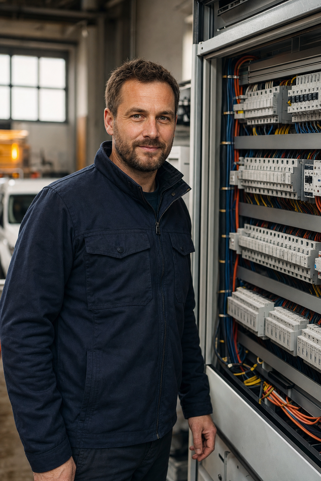 Elektromeister Jan Hansen in Arbeitskleidung vor einem Verteilerschrank