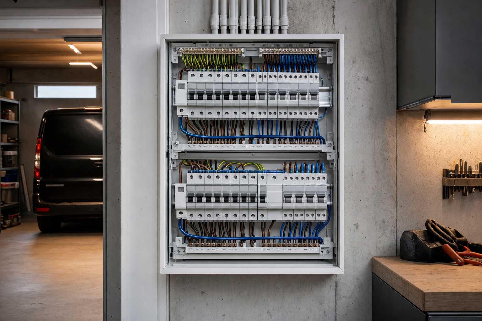 Moderner Verteilerschrank mit FI/LS-Schaltern und beschrifteten Stromkreisen