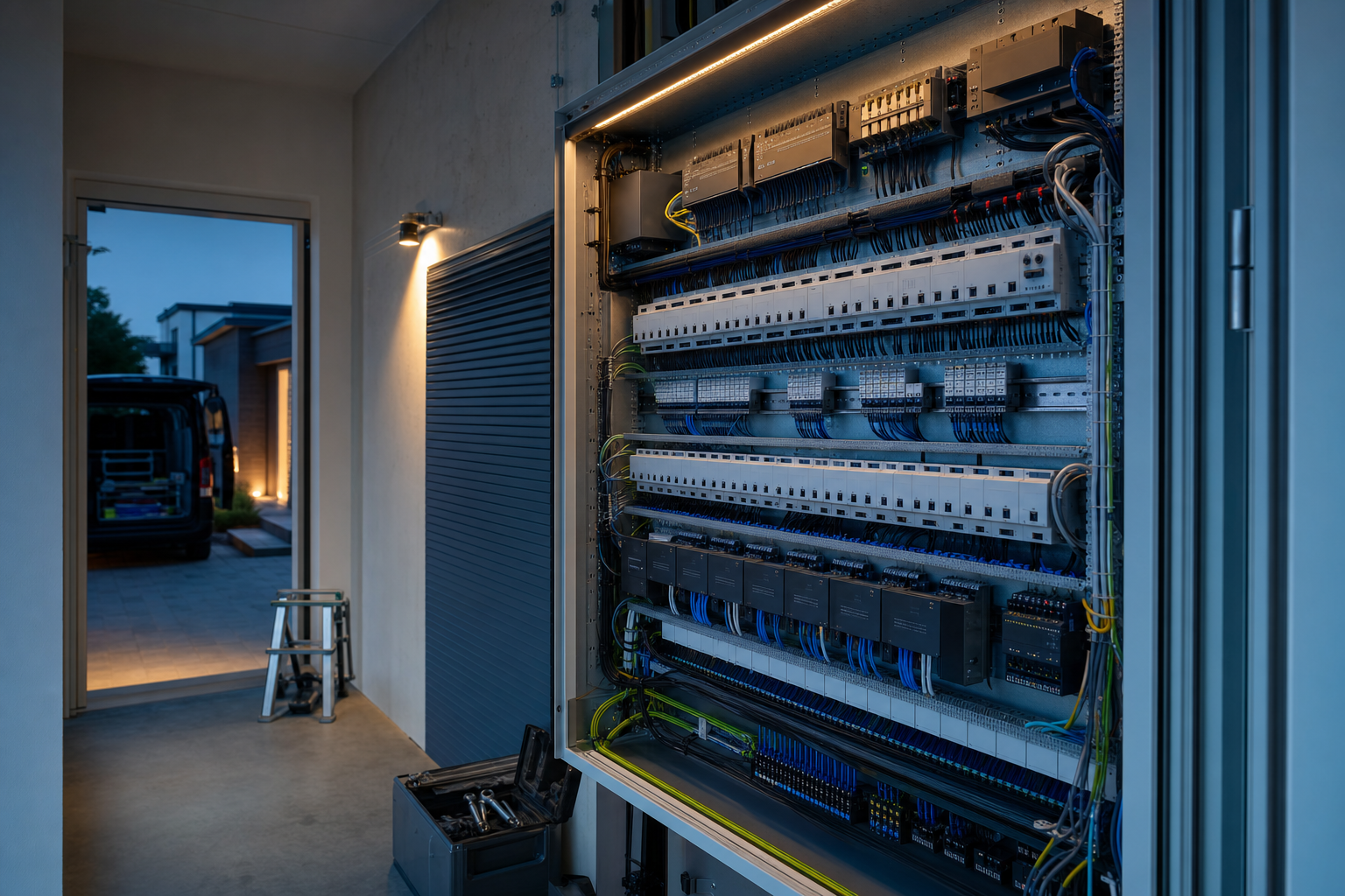 KNX-Schaltschrank mit beschrifteten Aktoren im Neubau