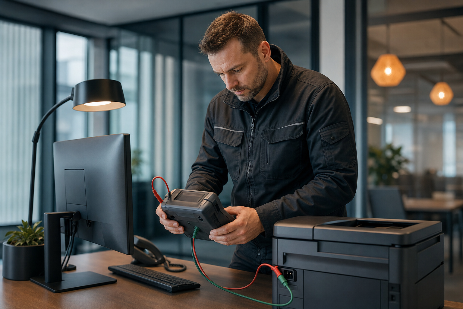 Messtechniker prüft Betriebsmittel mit Prüfgerät im Büro