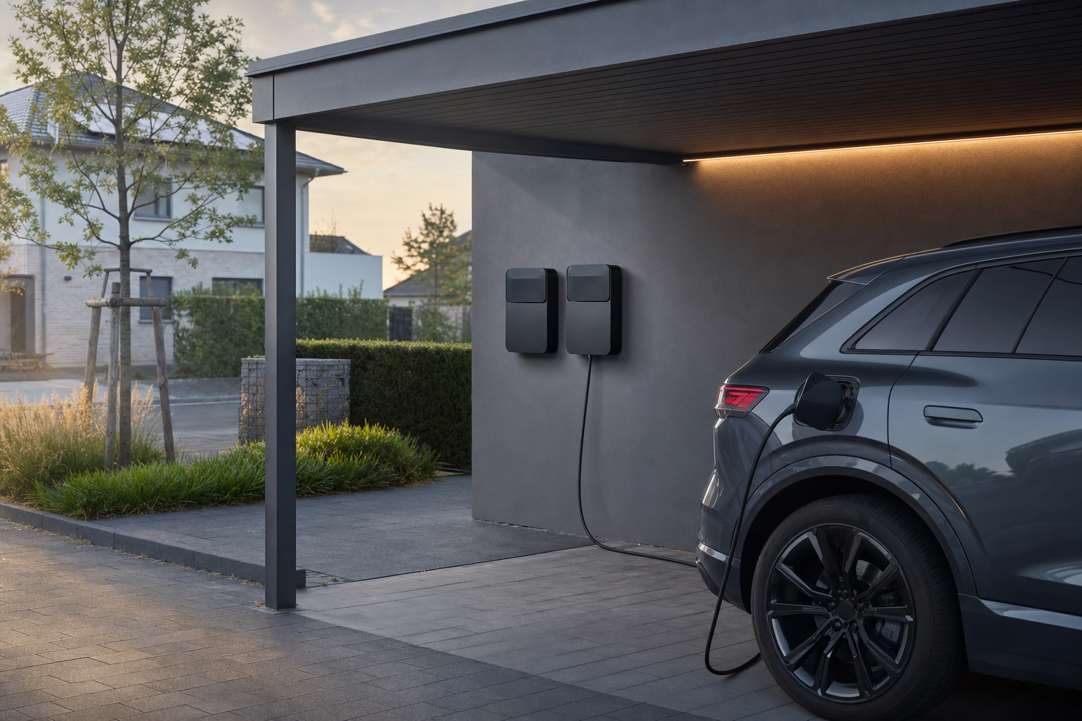 Zwei Wallboxen am Carport, E-Auto beim Laden