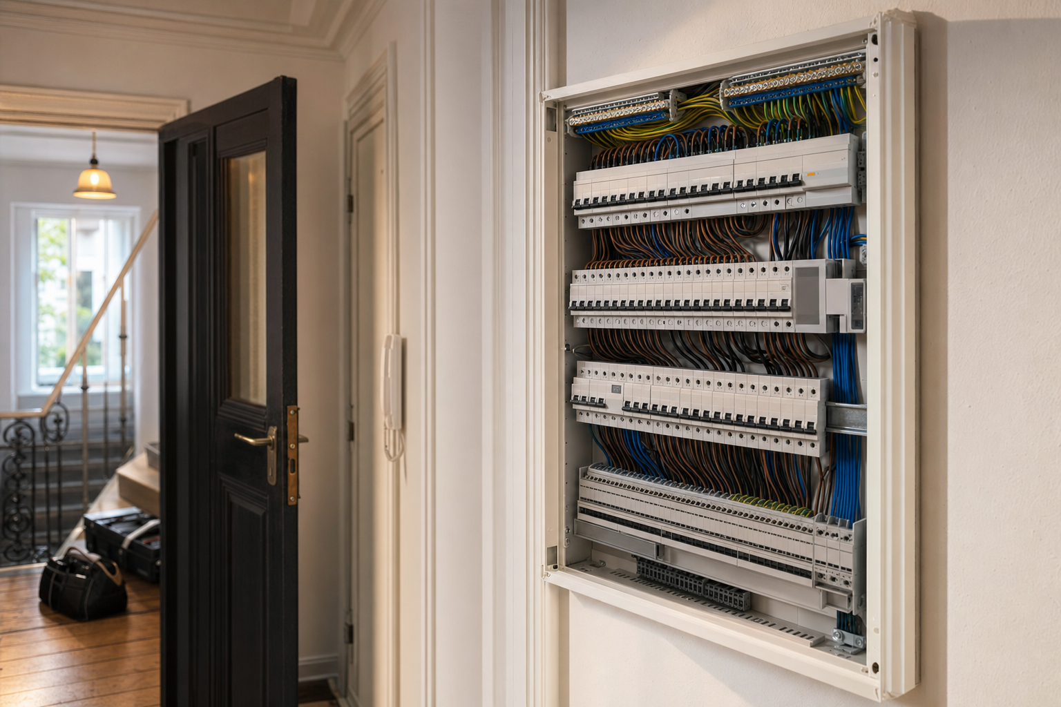 Neu verdrahteter Verteilerschrank nach Altbau-Sanierung in Ottensen