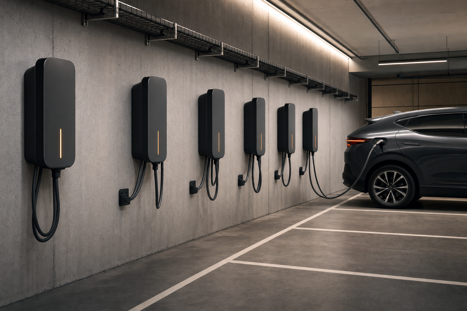 Wallbox-Reihe mit Kabelführung in einer Tiefgarage